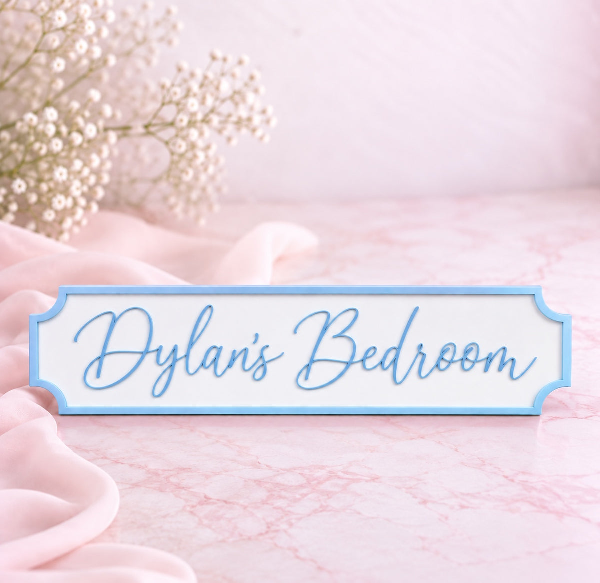 Acrylic bedroom door sign blank in baby blue – personalised example shown