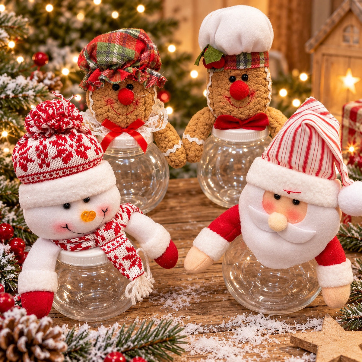 24cm Christmas character sweet jars featuring Santa Snowman and gingerbread designs