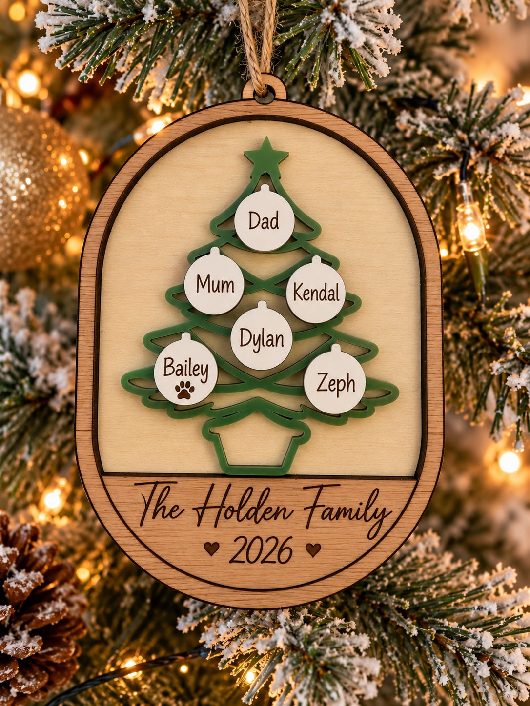Family Christmas tree decoration blank with six baubles shown personalised as example