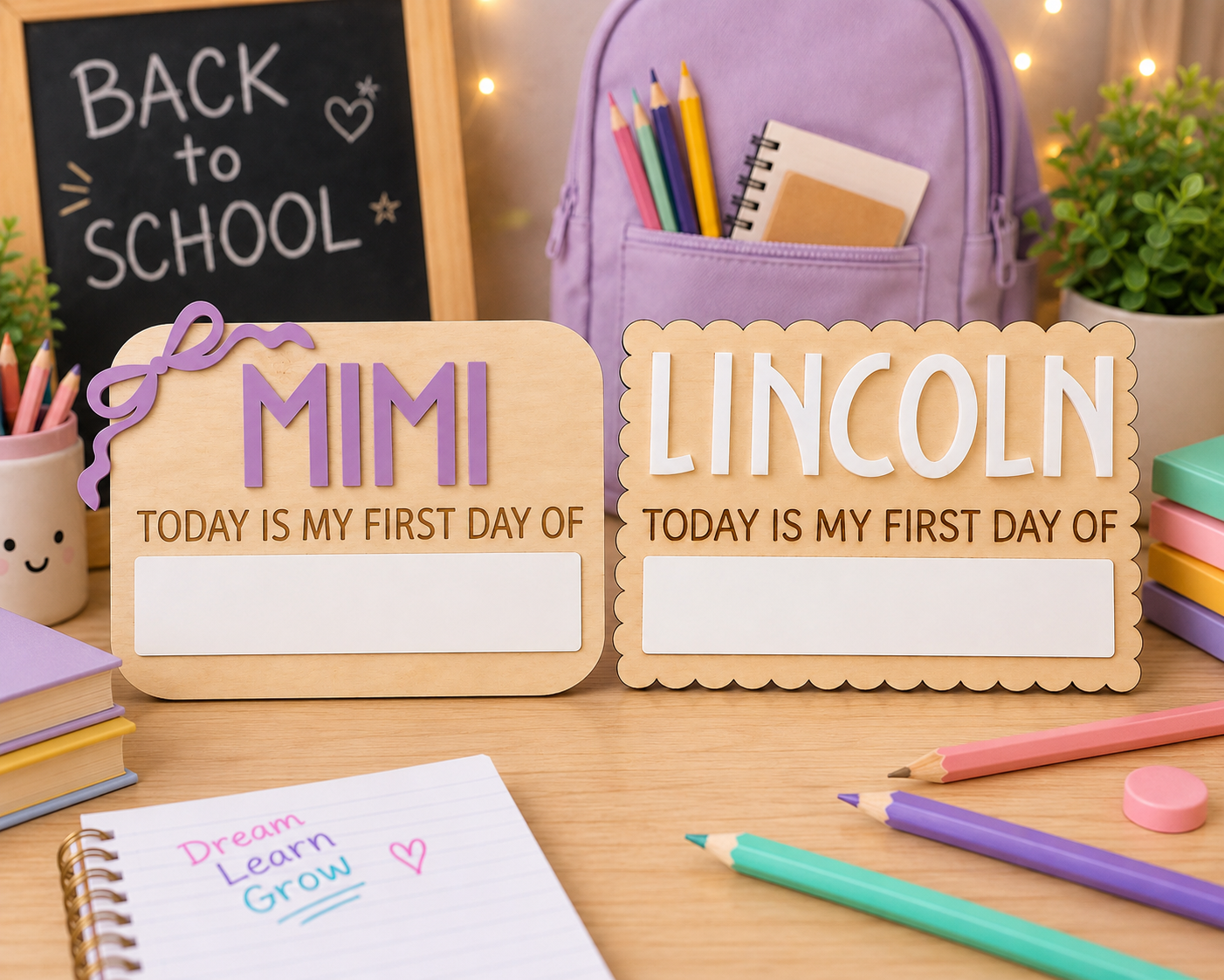 First day of school wooden boards in rounded and scalloped edge styles with acrylic colour options