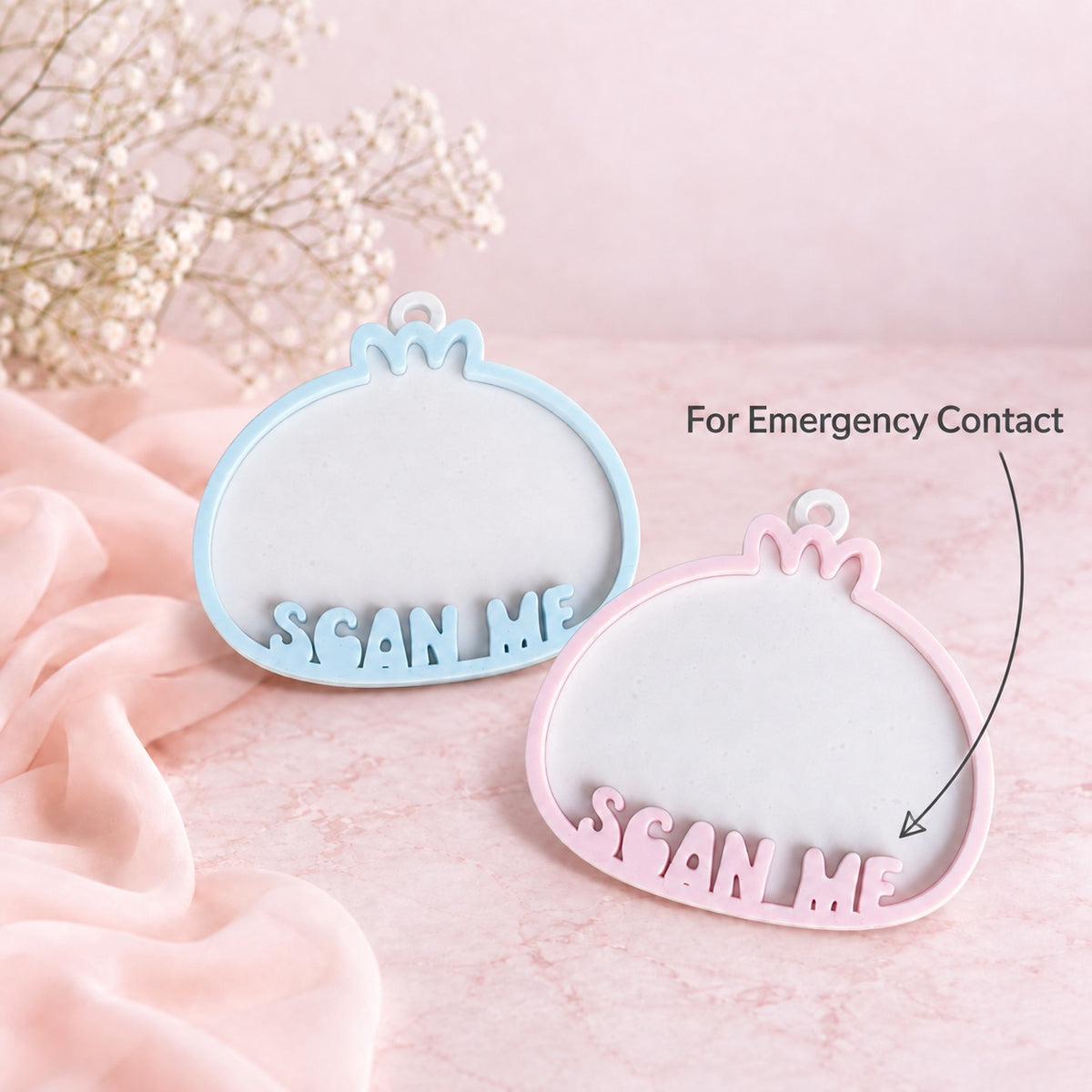 Pink and blue Scan Me NFC emergency contact tags