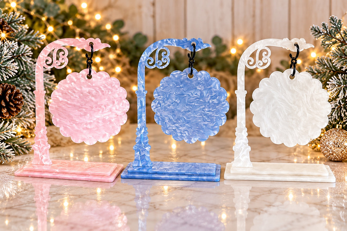 Pearl acrylic hanging bauble display stands in pink blue and white