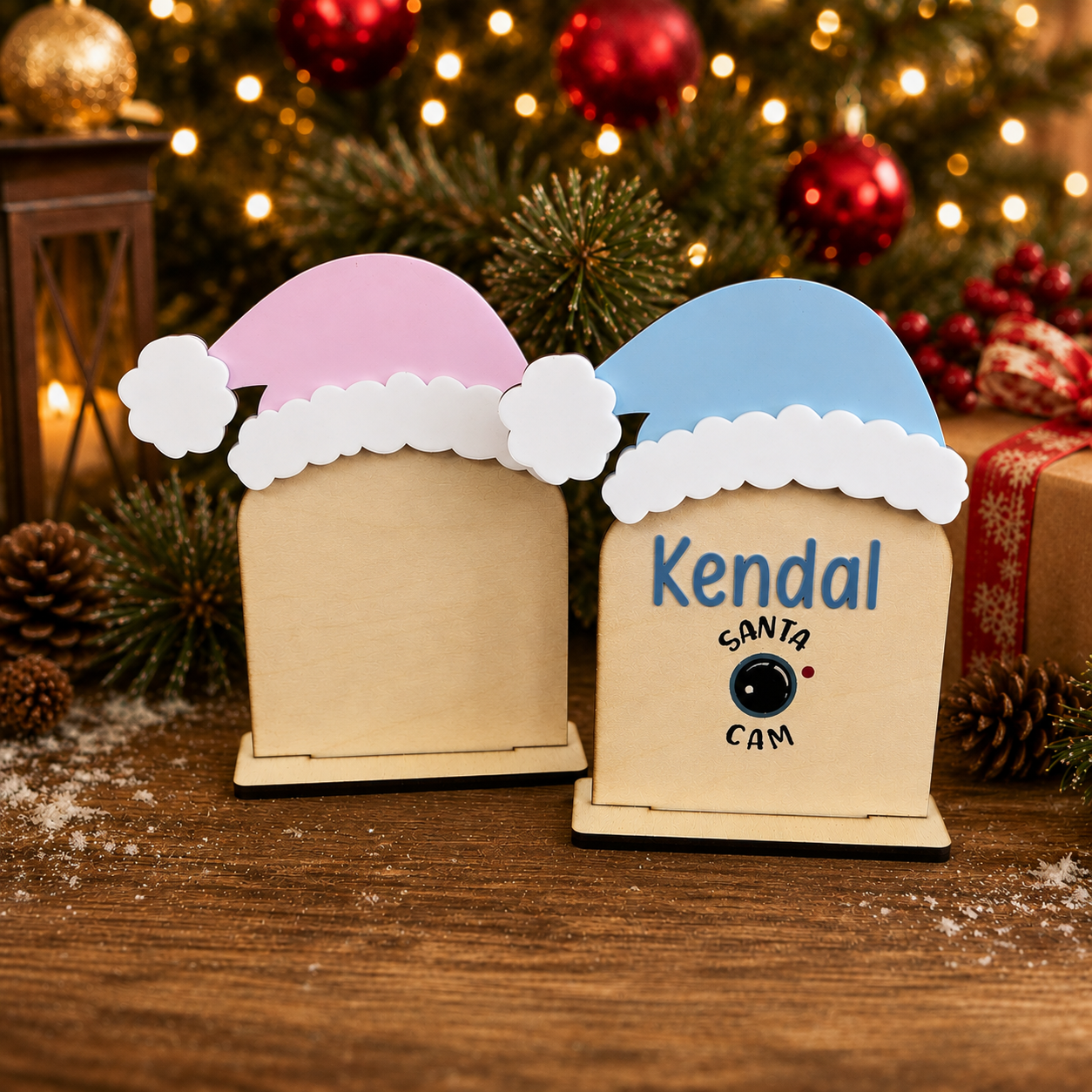 Santa Cam Christmas craft blank wooden plaque with pink and blue Santa hat options – finished example for inspiration