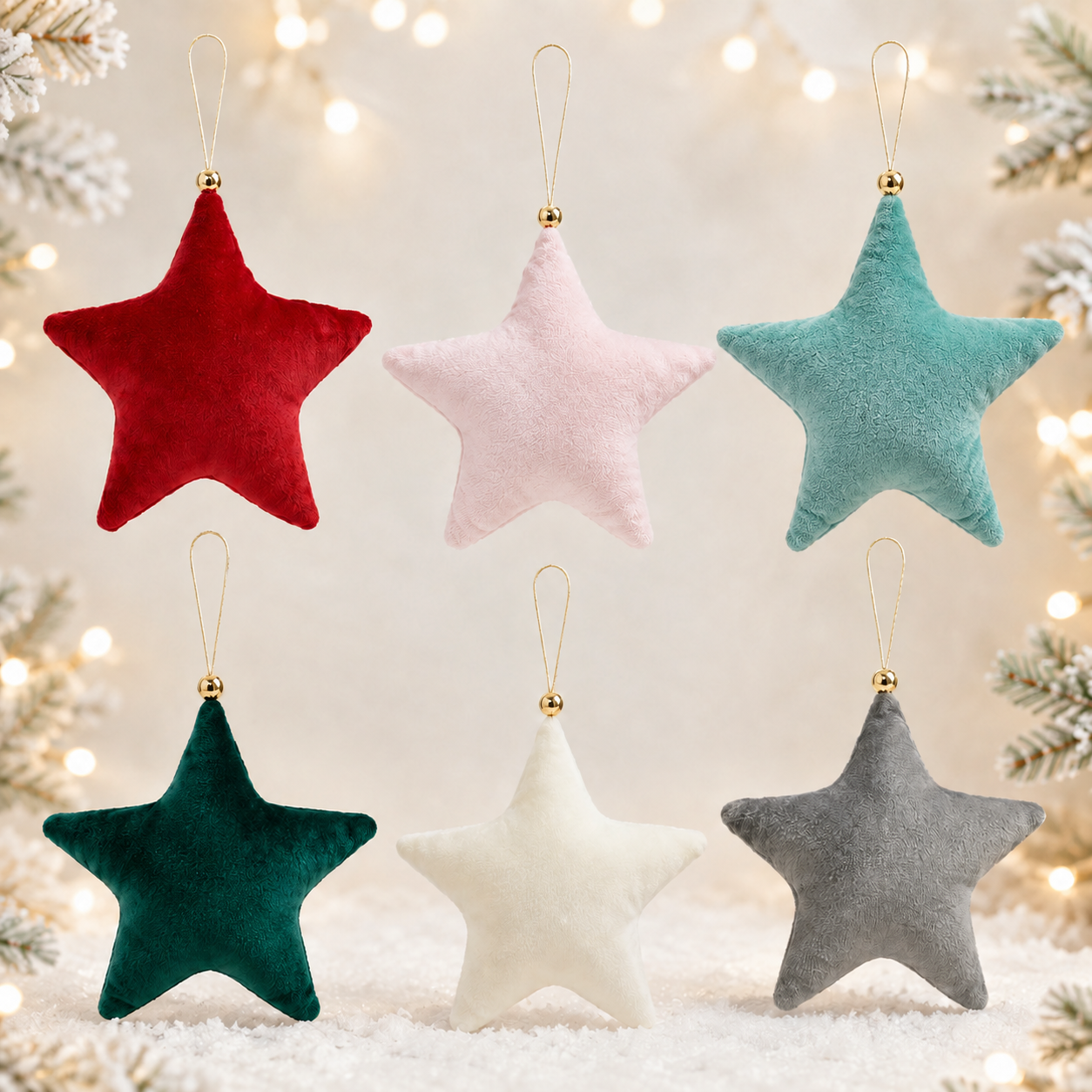 Six colours of 10cm velvet star Christmas tree ornaments