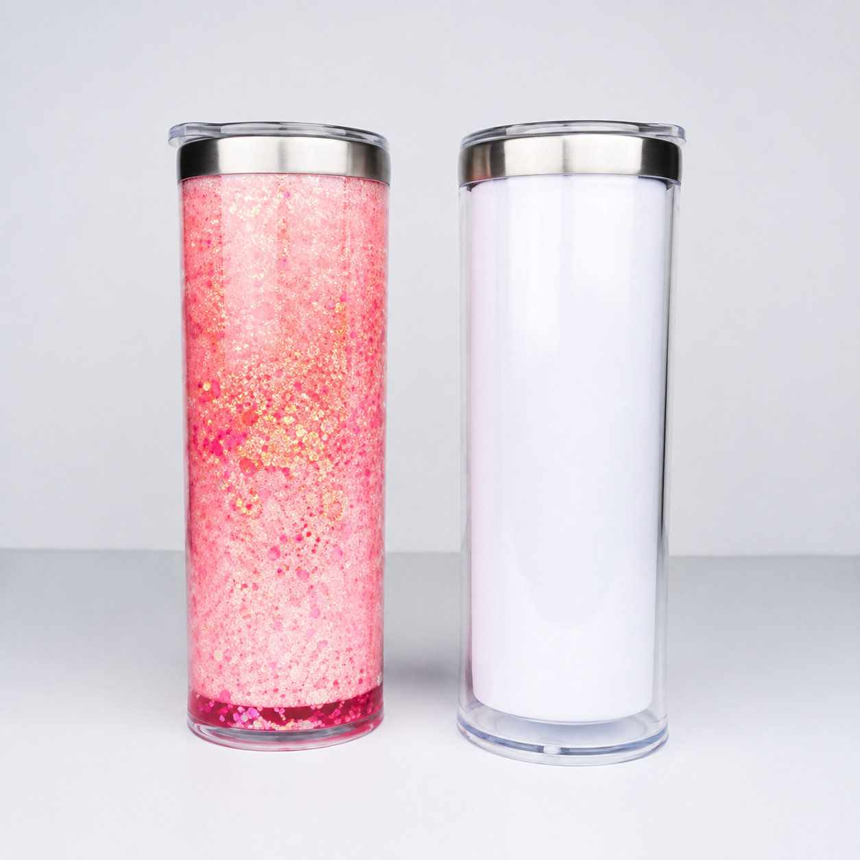 20oz white stainless steel snowglobe sublimation tumbler with pink glitter example