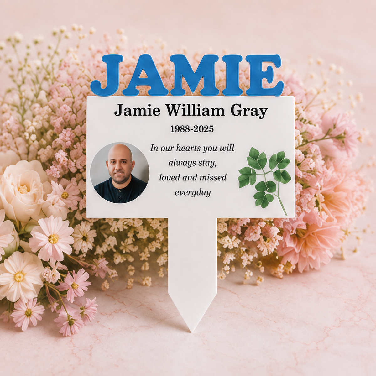 3D name acrylic grave marker with personalised memorial design