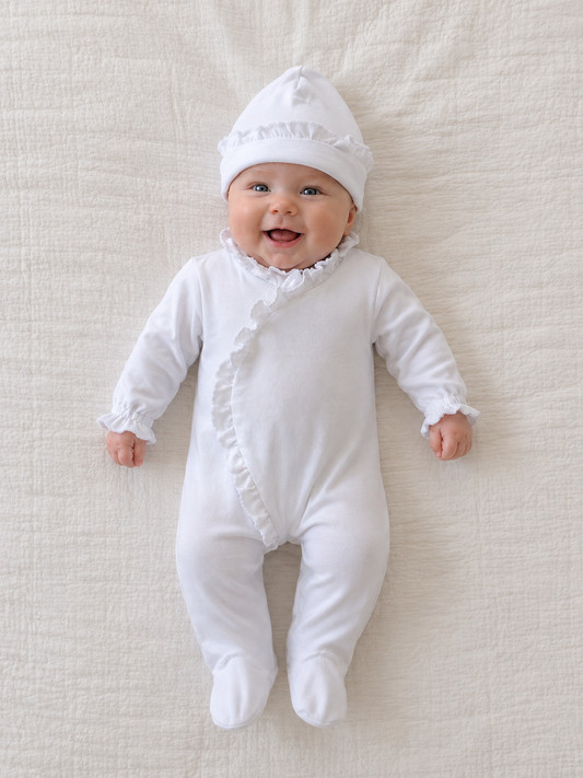 White 100% cotton baby romper and matching hat personalisation blank