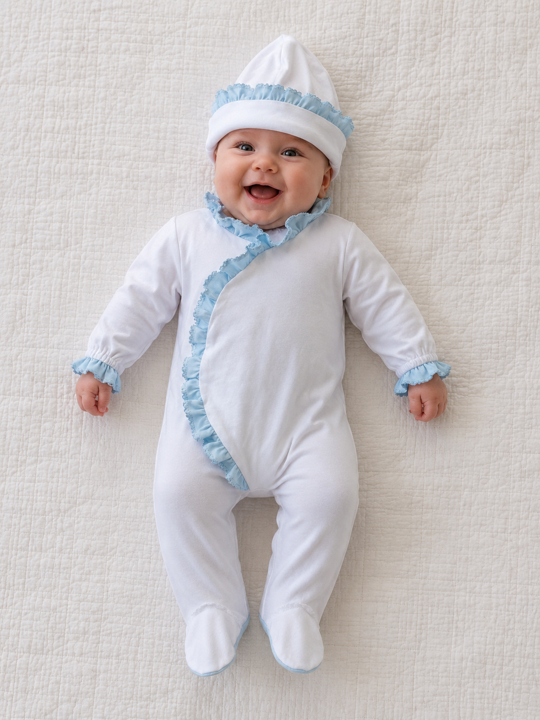 Blue 100% cotton baby romper and matching hat personalisation blank