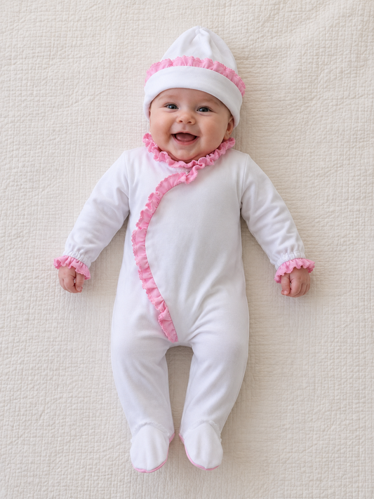 Pink 100% cotton baby romper and matching hat personalisation blank