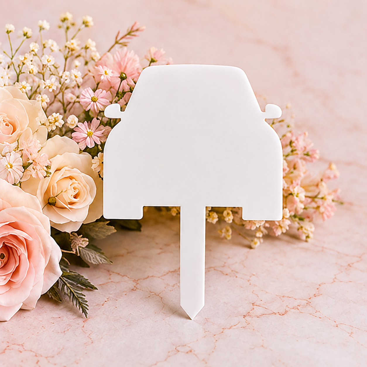 White acrylic car grave marker blank on blush floral background