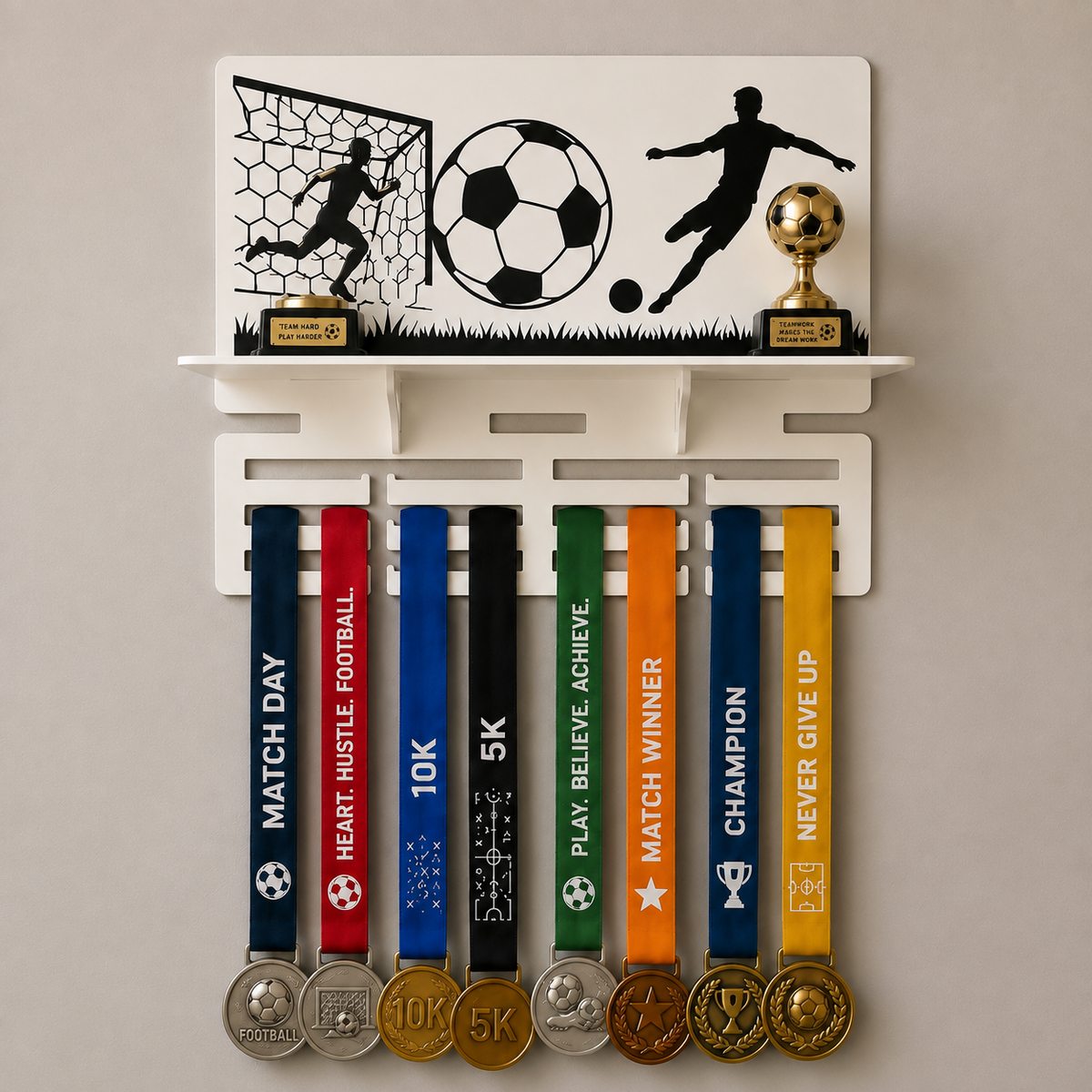 Personalised acrylic football medal holder with shelf and hanging medals
