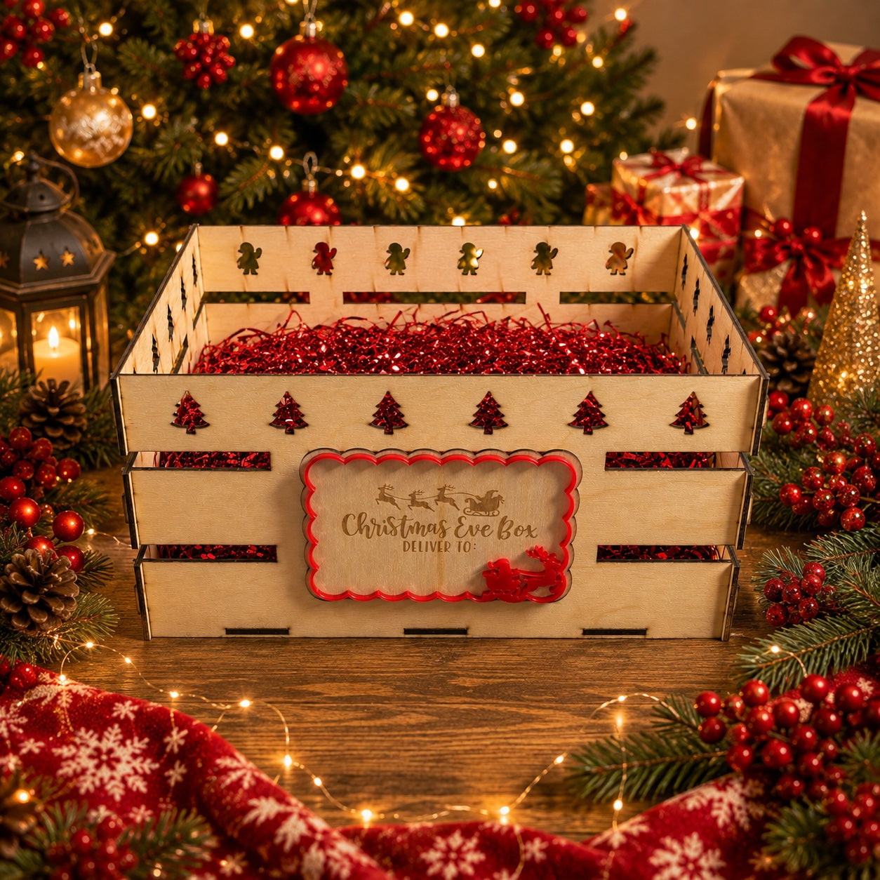 3mm birch wood Christmas Eve box crate craft blank with front plaque, 30cm x 24cm x 14.5cm