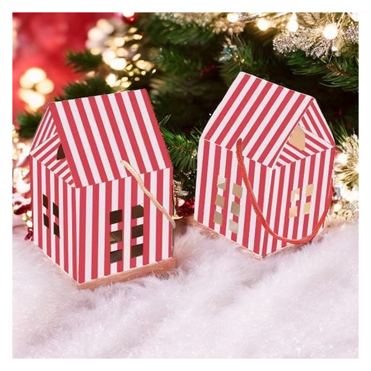Flat-packed Candy Cane Lane gift box with festive print