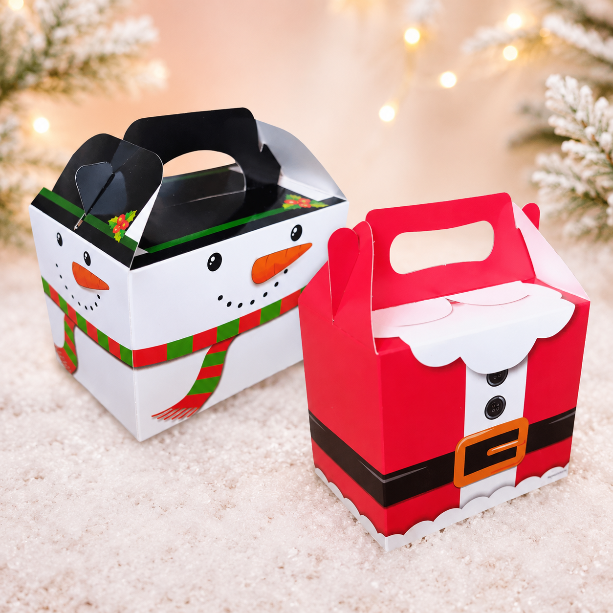 Santa and snowman cardboard Christmas lunchboxes with handles