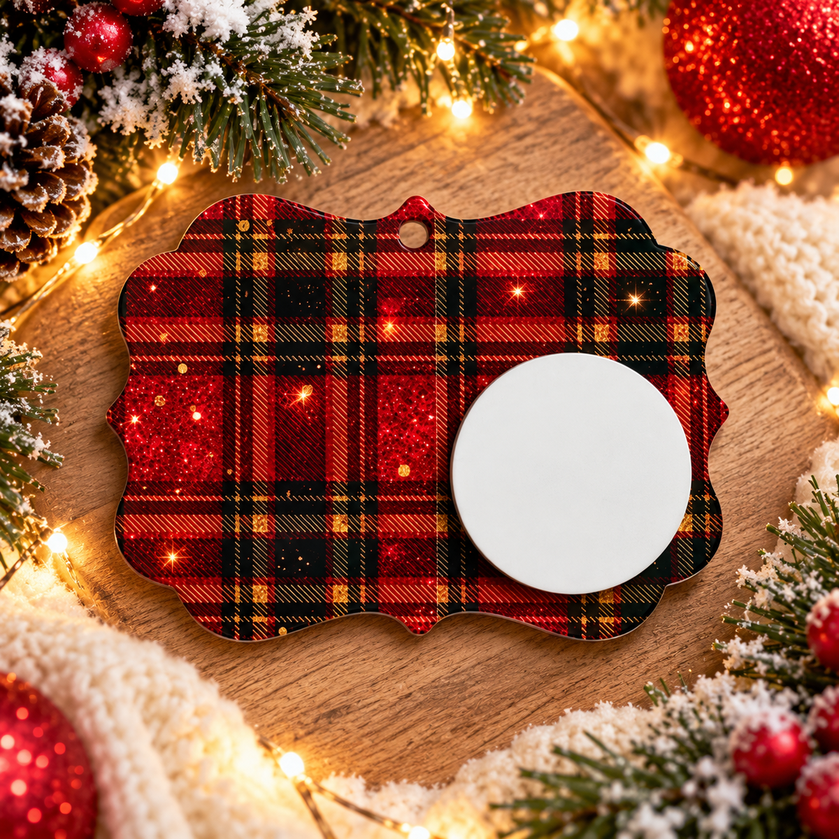 Tartan Christmas memorial photo ornament blank on festive Christmas background