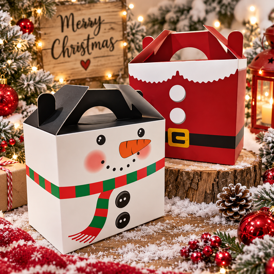 Christmas treat boxes in Santa and Snowman designs on a festive Christmas background