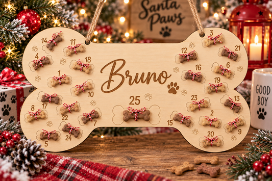 Dog bone advent calendar blank personalised with Bruno and dog biscuits tied to numbered spaces