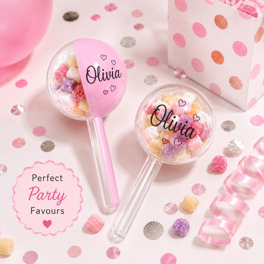 Personalised 15cm fillable acrylic lollipop party favour filled with sweets