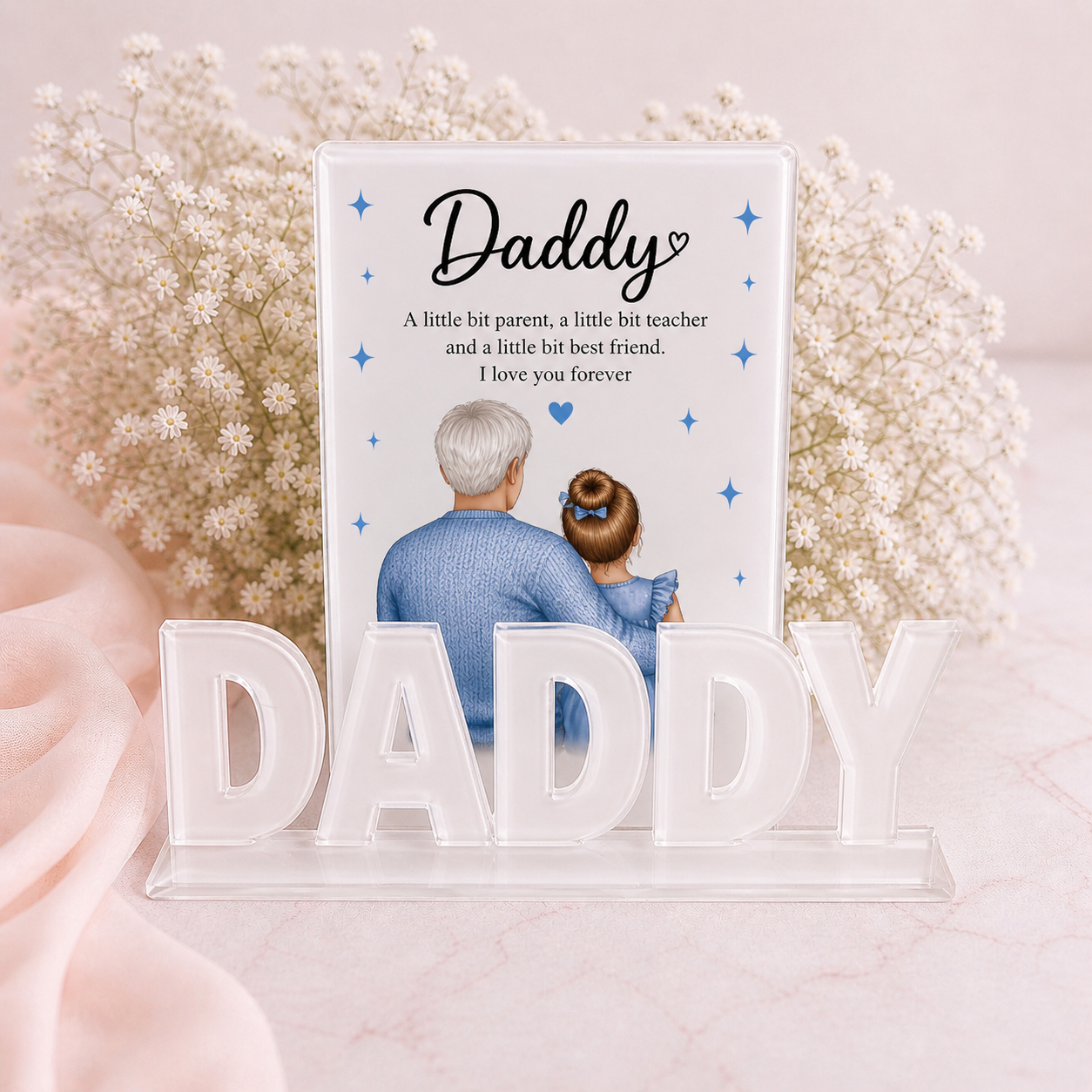 Freestanding acrylic Daddy memorial plaque with personalised photo stand