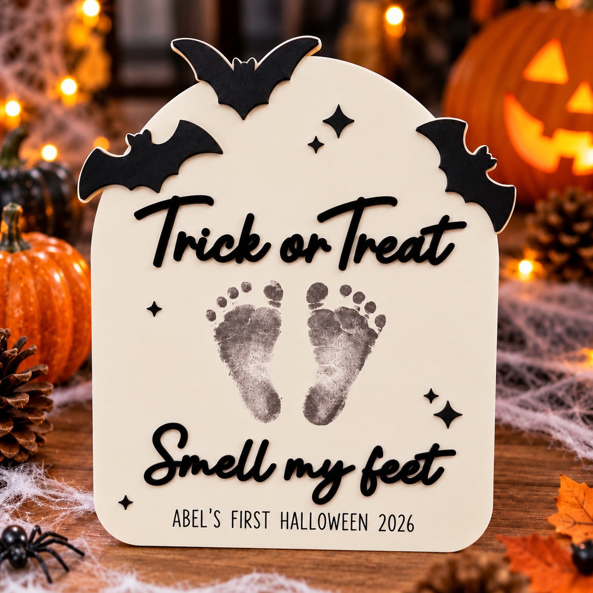 Finished Halloween footprint keepsake example; supplied blank with engraved name