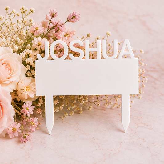 White acrylic name grave marker blank with two stakes