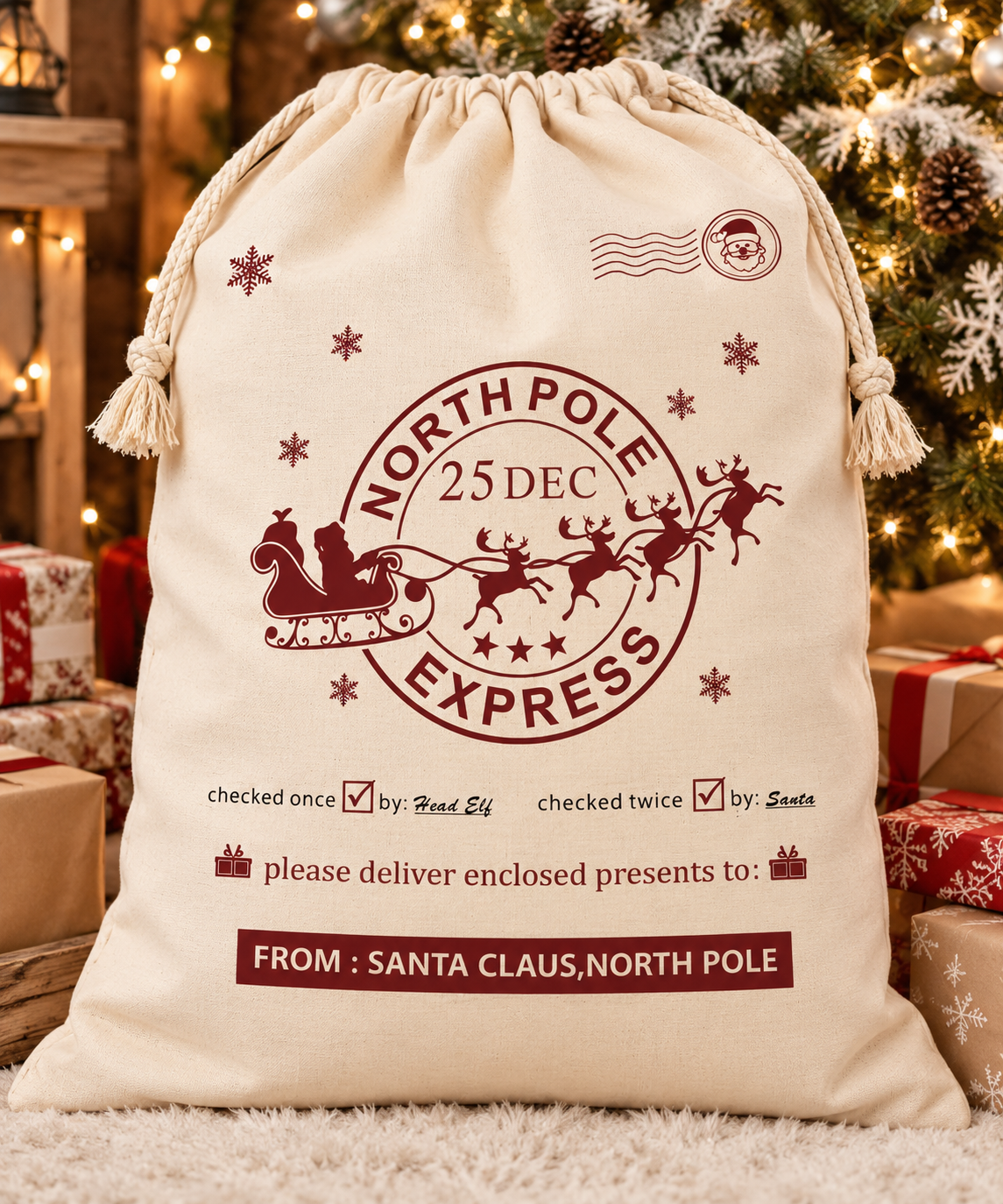 Cream North Pole Express Christmas Santa sack with burgundy print