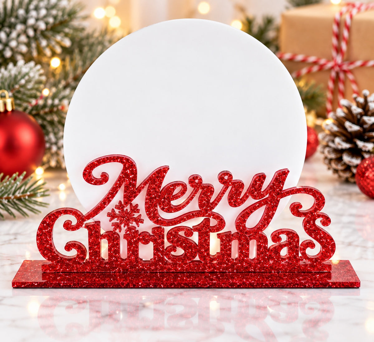 Red glitter Merry Christmas sublimation sign blank with white round panel