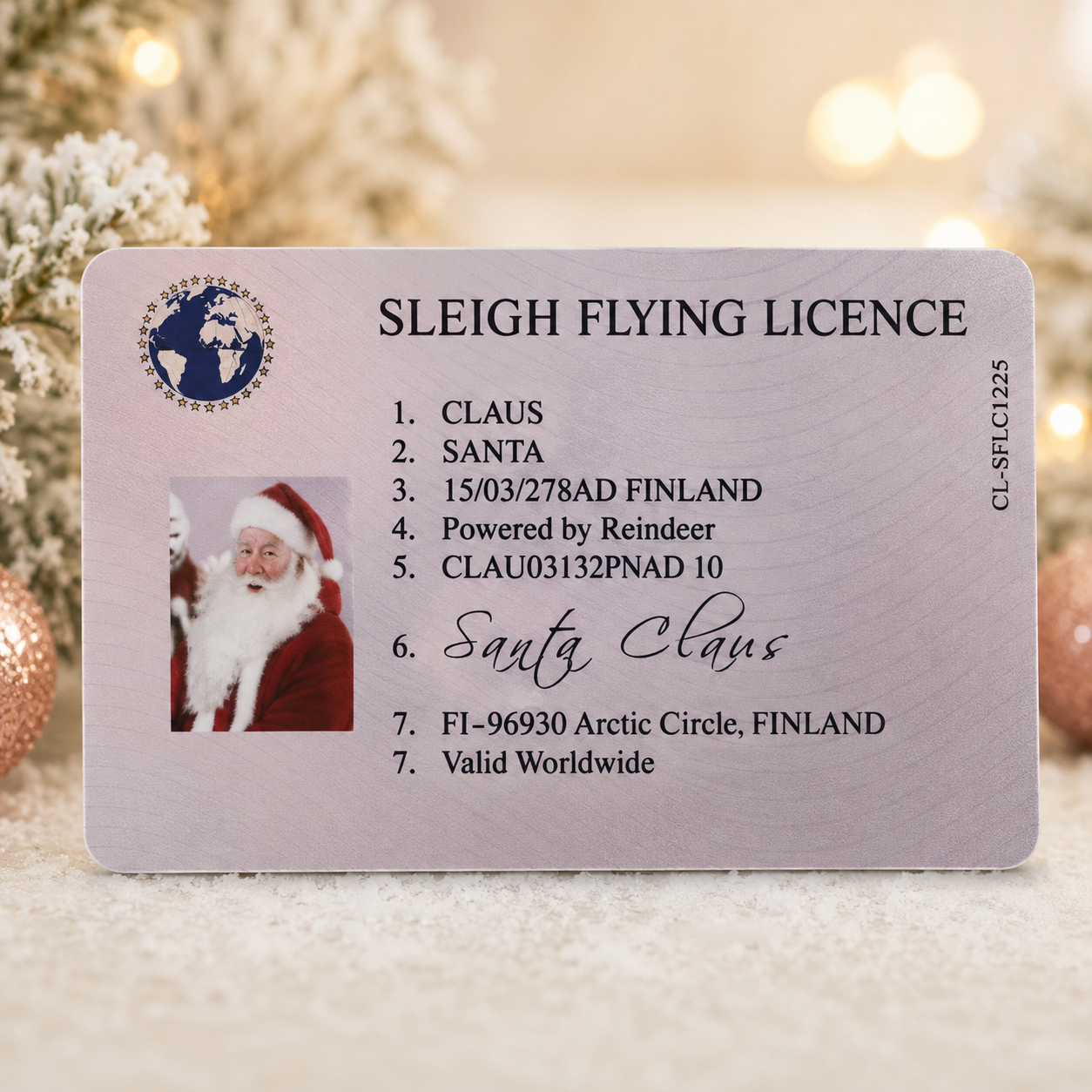 Plastic Santa sleigh flying licence card measuring 8.4cm by 5.4cm