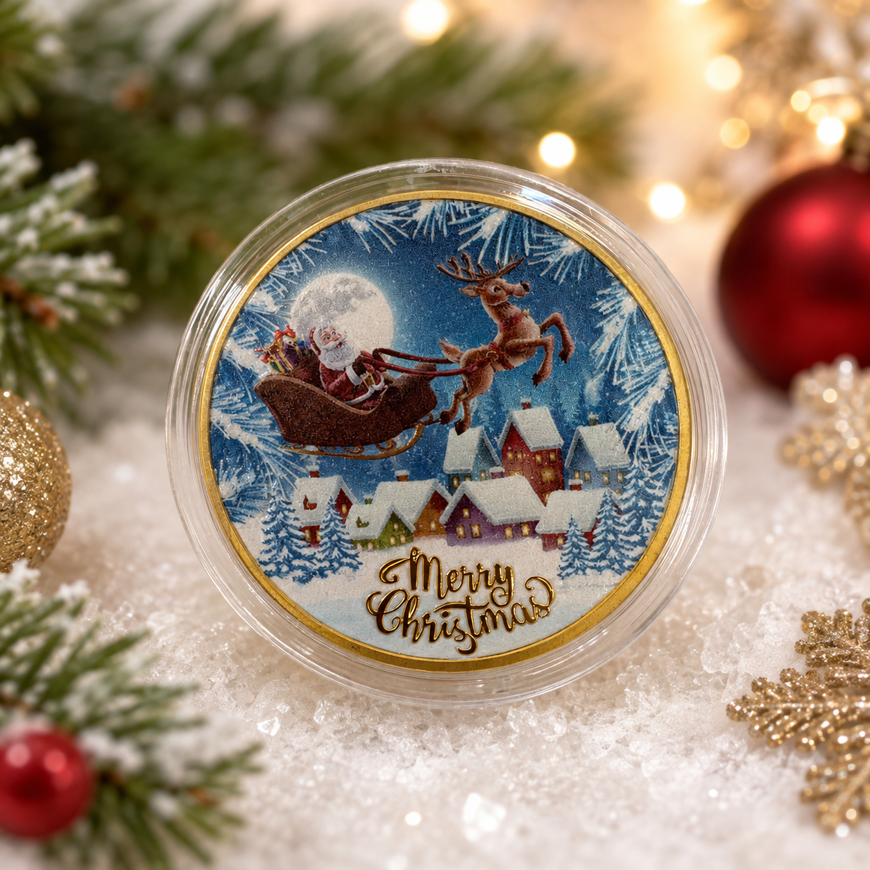 4 cm Santa's Magic Coin on a festive Christmas background