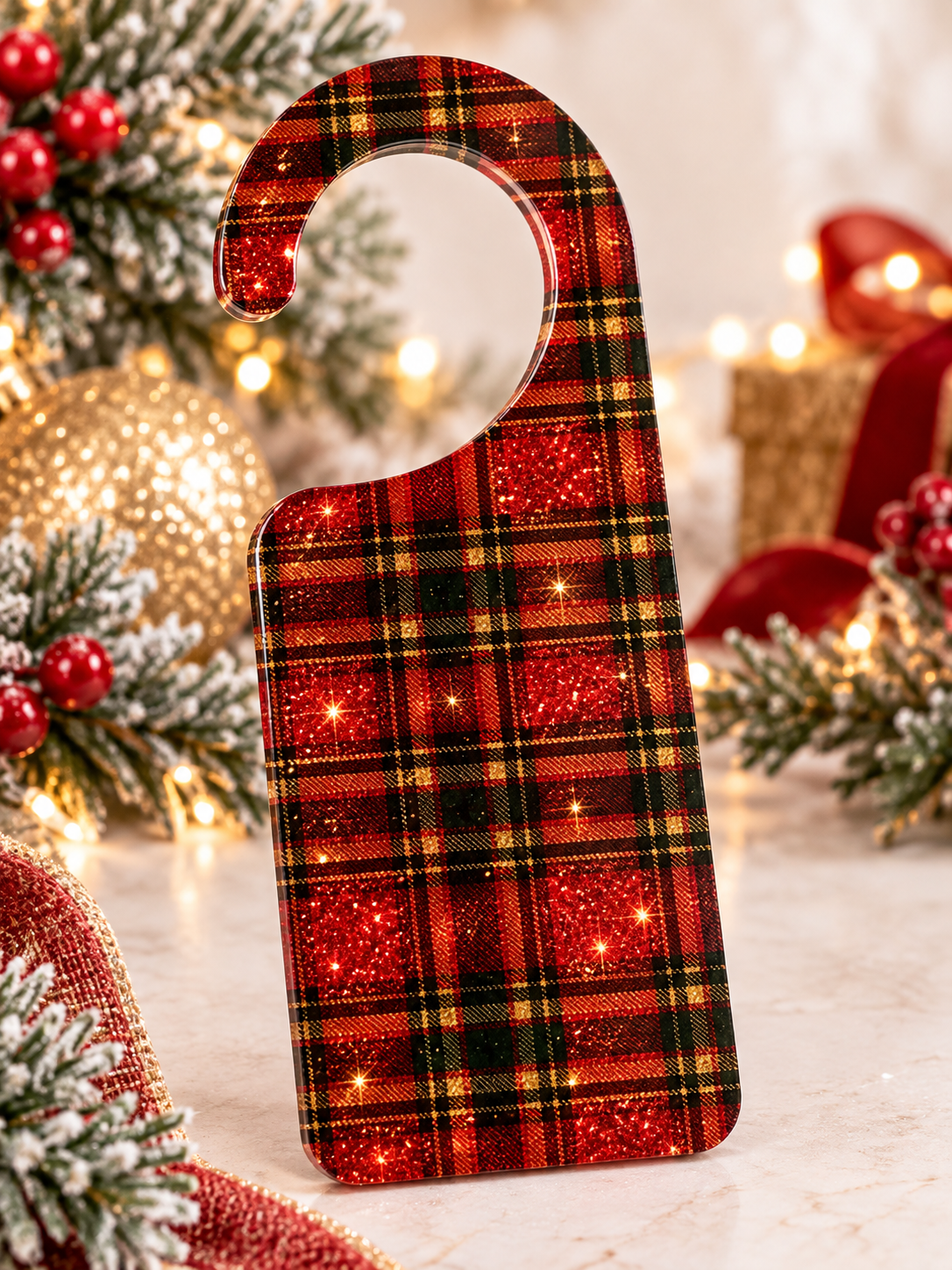 Red tartan printed acrylic Christmas door hanger blank