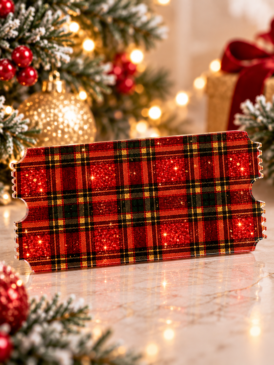14 x 7cm red tartan printed acrylic Christmas ticket blank
